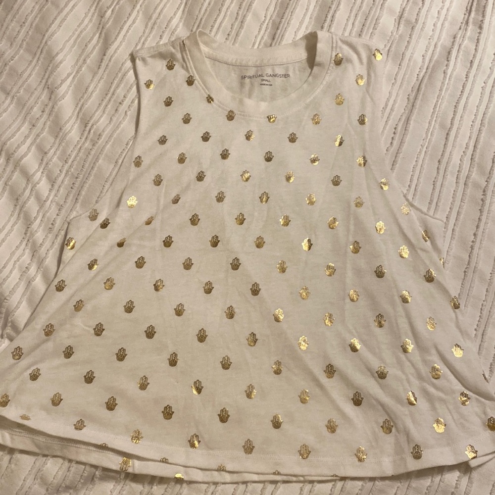 Spiritual gangster swing white workout tank with gold hamsa pattern